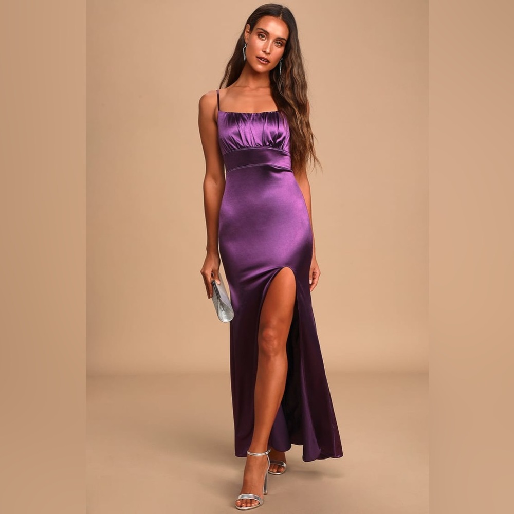 Lulu’s Under the Spotlight Purple Satin Sleeveless Mermaid Maxi Dress